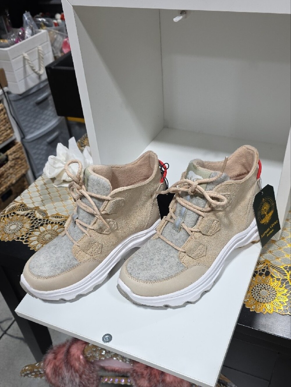 Sorel Lace-Up Beige and Gray Women's Suede Sneaker Boot - Picture 3 of 11